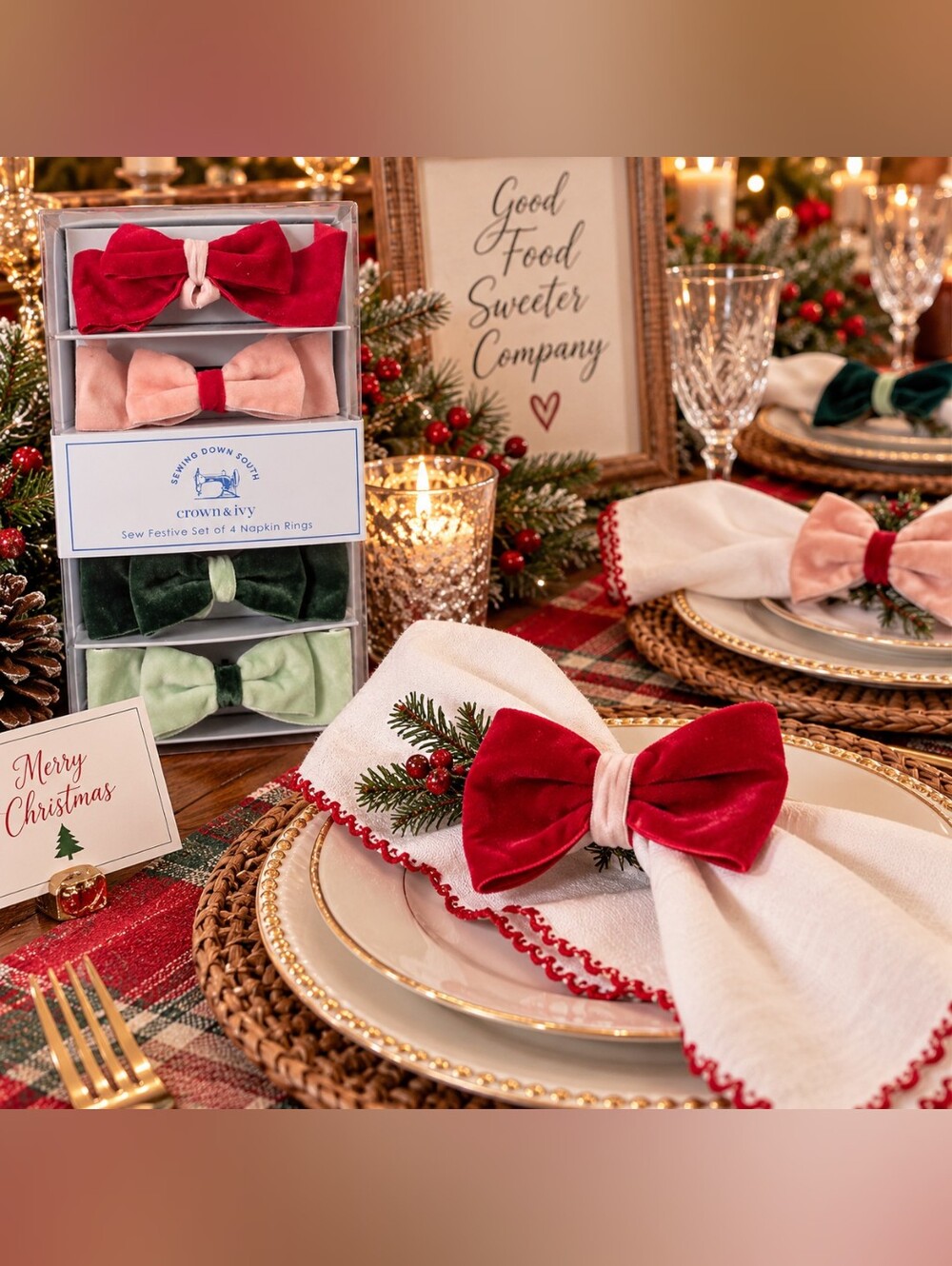 Crown & Ivy x Sewing Down South Velvet Bow Christmas Napkin Rings Set of 4, NWT